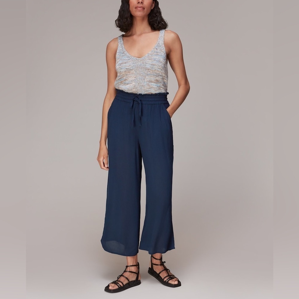 NWT Whistles Imogen Fluid Cropped Trouser Pants Navy Flowy Breezy Elastic Waist